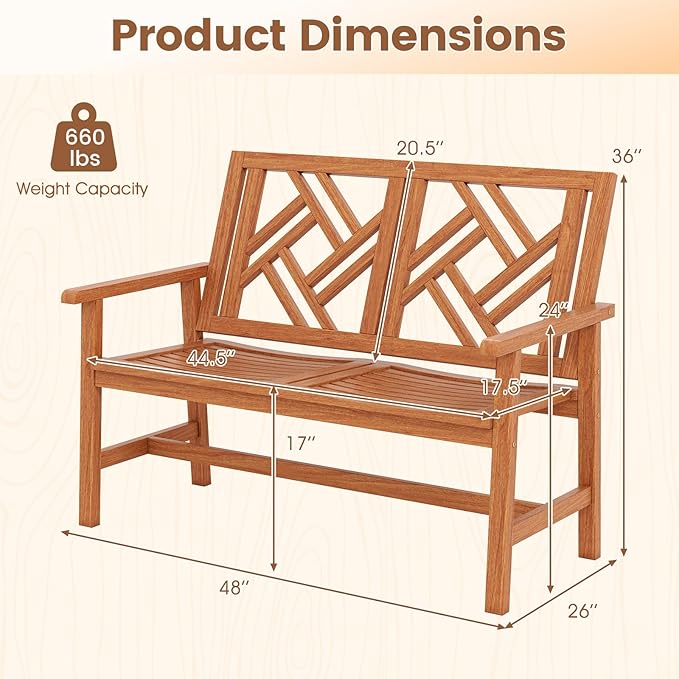 Tangkula Outdoor Wood Bench, 2-Person Patio Loveseat Chair with Geometric Backrest, Built-in Armrests & Slatted Seat, 660 lbs Weight Capacity, Garden Bench for Porch, Backyard & Poolside