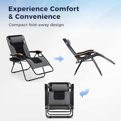 MAISON ARTS Oversized XXL Padded Zero Gravity Chair, 30" Wide Seat Foldable Patio Recliner, Anti Gravity Outdoor Lawn Chair with Cup Holder & Pillow, Supports 400lbs, Grey