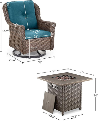 Outdoor Patio Swivel Gliders with Fire Pit Table 5 Piece Set - High Back Brown Wicker Rattan Rocking Chair with Thick Cushion for Porch Apartment Deck Yard Poolside Garden - Peacock Blue