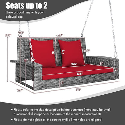 RELAX4LIFE 2-Person Porch Swing Bench - PE Rattan Outdoor Swing Chair with Comfortable Seat & Back Cushions, Rustproof Metal Chains, Patio Loveseat Swing for Balcony, Garden, Yard, 800 LBS (Red)