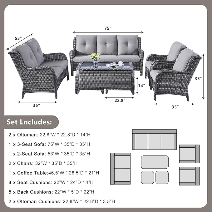 Rilyson Outdoor Patio Furniture Sofa Set - 7 PC Rattan Wicker Patio Sectional Conversation Sets with Sofa, Loveseat - Photo 2