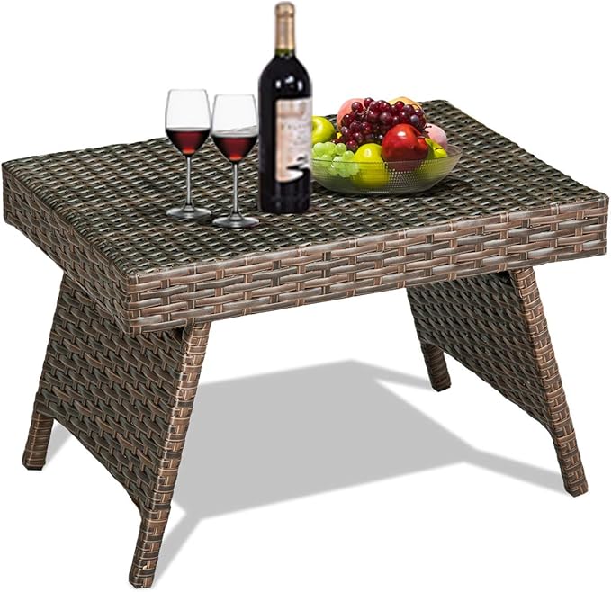 Tangkula Outdoor Folding Wicker Table, Heavy Duty Rattan Foldable Standing Coffee Side Table - Photo 1