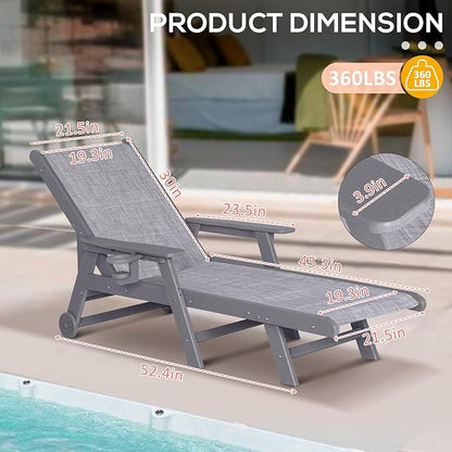 Outdoor Chaise Lounge Chair with Table, 5-Position Adjustable Patio Lounge Chair with Wheels & Cup Holder, HDPE Pool Lounge Chair for Outside, Poolside & Beach (Grey)