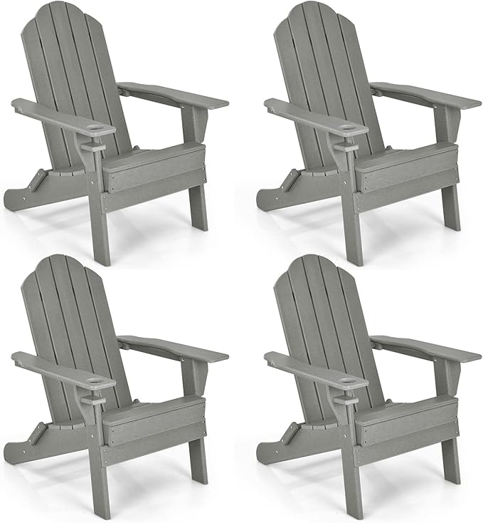 Giantex Adirondack Chair Outdoor Folding Chairs, HDPE Weather Resistant Patio Chair with Built-in Cup Holder Lawn Chair for Patio, Backyard, Balcony, Deck Outside Plastic Fire Pit Chair (4, Grey)