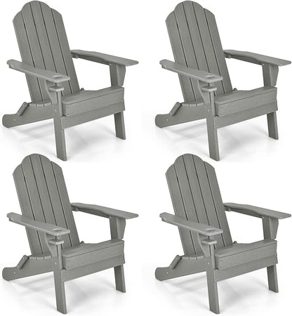 Giantex Adirondack Chair Outdoor Folding Chairs, HDPE Weather Resistant Patio Chair with Built-in Cup Holder Lawn Chair for Patio, Backyard, Balcony, Deck Outside Plastic Fire Pit Chair (4, Grey)