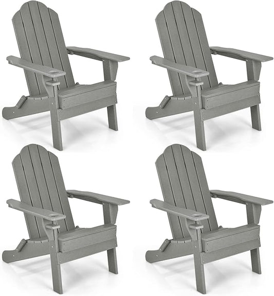Giantex Adirondack Chair Outdoor Folding Chairs, HDPE Weather Resistant Patio Chair with Built-in Cup Holder Lawn Chair for Patio, Backyard, Balcony, Deck Outside Plastic Fire Pit Chair (4, Grey)