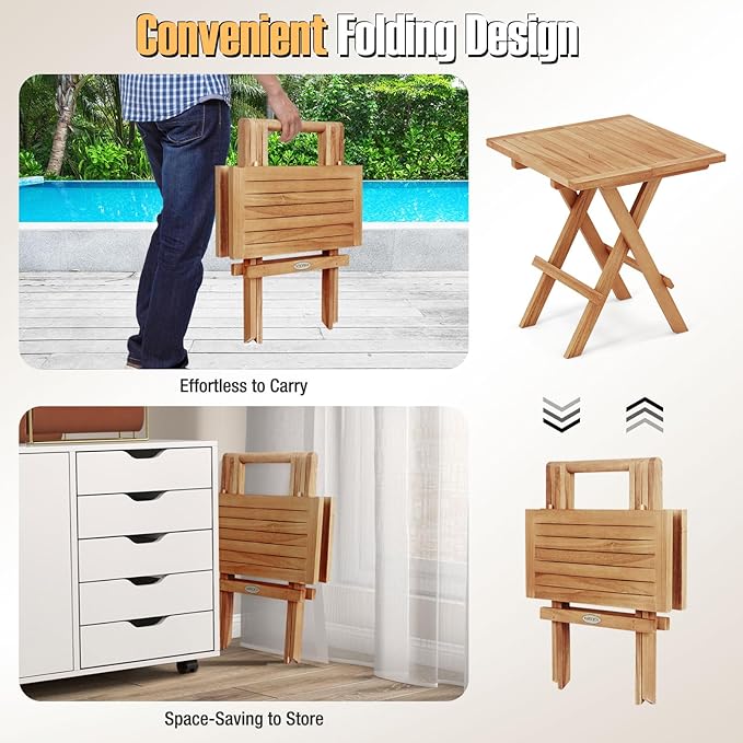 Tangkula Patio Folding Side Table, Teak Wood Square Patio Table with X-Shaped Legs & Slatted Tabletop, Portable & Compact Outdoor Indoor Use for Backyard, Deck, Lawn
