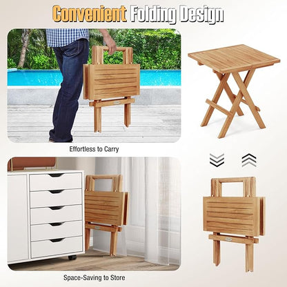 Tangkula Patio Folding Side Table, Teak Wood Square Patio Table with X-Shaped Legs & Slatted Tabletop, Portable & Compact Outdoor Indoor Use for Backyard, Deck, Lawn