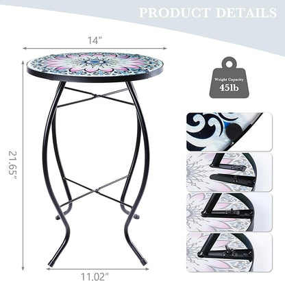 MUMTOP Side Patio Tables-Mosaic Outdoor Side Table - 14’’ Flower Glass Accent Round EndTable, Plant Stand Indoor Small CoffeeTable for Garden or Living Room Decor
