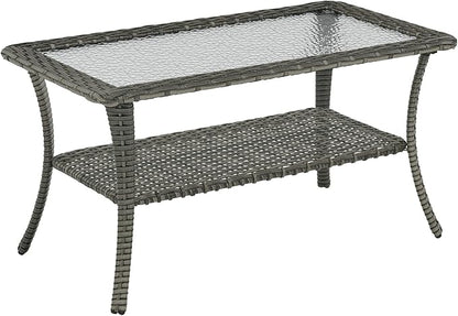 Rilyson Patio Tables Outdoor Coffee Table - Wicker Rattan Coffee Tables with 2-Tier Storage Shelf Glass Top for Outside Proch Deck Balcony Garden Rectangle Mixed Grey