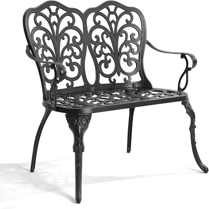 Outdoor Bench, Cast Aluminum Double Seating with Backrest and Armrests, Mental Outdoor Furniture for Patio, Porch, Garden, Park, Black Butterfly