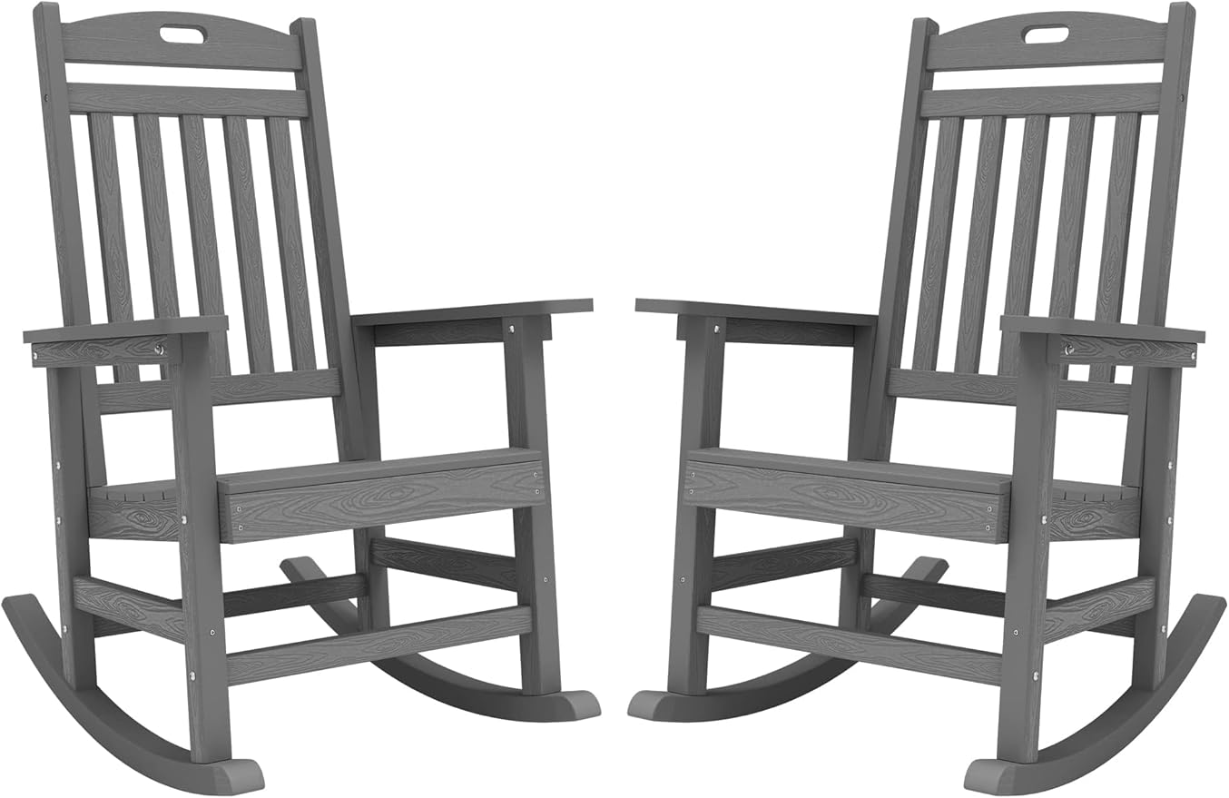 YEFU Outdoor Rocking Chairs Set of 2: Porch Rocking Chairs-Outdoor Patio Rockings Chair-Oversized Rocker Chair-All Weather Poly Rocker Lawn Chair for Adult-Seat Area 22"x21"-Backrest Height 31"-Grey