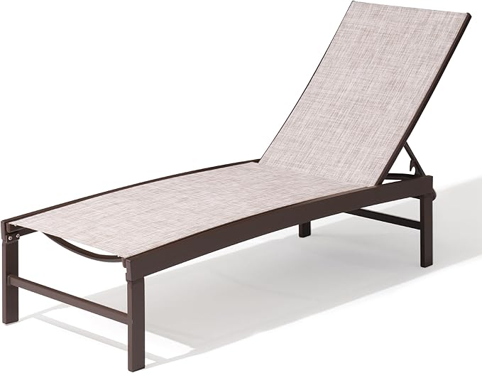 Patio Aluminum Chaise Lounge Chair, Outdoor Recliner Lounge Chair Sun Loungers, All Weather Chaise with 5 Adjustable Backrest and Lay Flat Positions for Garden, Balcony, Pool
