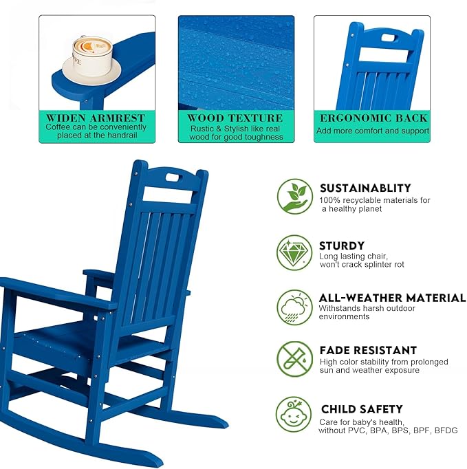 PLUUV Outdoor Rocking Chair, HDPE Patio Rocking Chairs with Footboard, All Weather Porch Rockers Outdoor for Adult, Navy