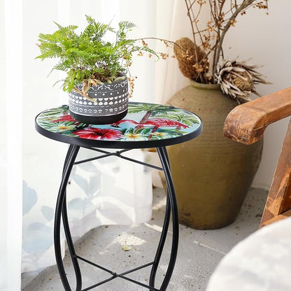 VCUTEKA Patio Side Table Outdoor Accent Table Small Mosaic Table Coffee Table End Porch Indoor Outdoor Round Glass Balcony Bistro Three Flamingos 14 inches