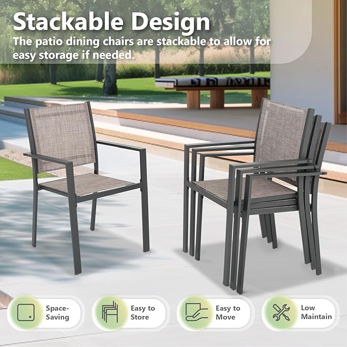 Patio Dining Chairs, All-Weather Textilene Outdoor Dining Chair Set of 4, Heavy-Duty Stackable Minimalist Outdoor Chairs with Armrest, Patio Chairs for Lawn Deck Pool, Brown