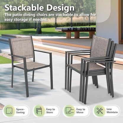 Patio Dining Chairs, All-Weather Textilene Outdoor Dining Chair Set of 4, Heavy-Duty Stackable Minimalist Outdoor Chairs with Armrest, Patio Chairs for Lawn Deck Pool, Brown