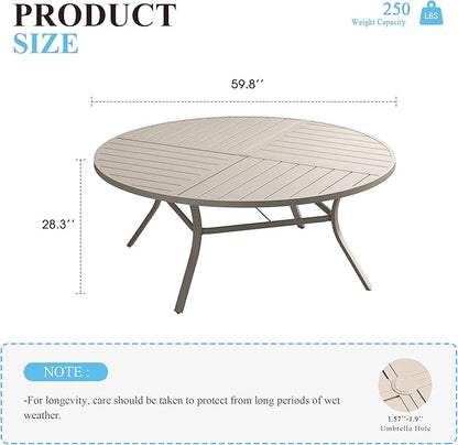 VICLLAX 60" Round Patio Table with Umbrella Hole, All Weather Metal Outdoor Dining Table for 8, Outside Table for Lawn Garden, Sandshell Color
