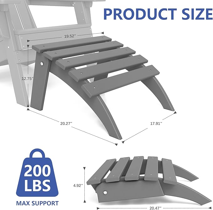 FOOWIN Folding Adirondack Ottoman Set of 4, HDPE All Weather Adirondack Footrests, Ottoman for Adirondack Chair,Patio Footstool for Outside Easy Storage,for Patio, Backyard, Porch, Garden, Grey