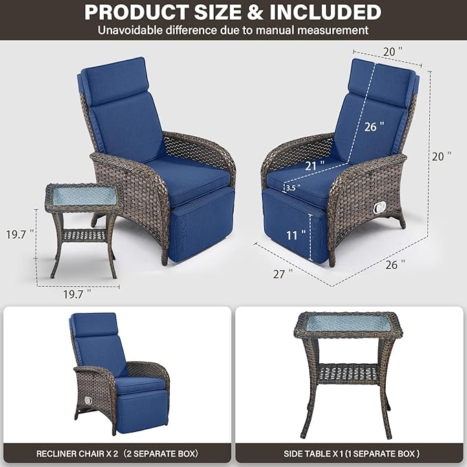 Belord Versatile Outdoor Recliner Chair Set of 3 - Reclining Patio Chair with Adjustable Backrest and Footrest - Photo 2