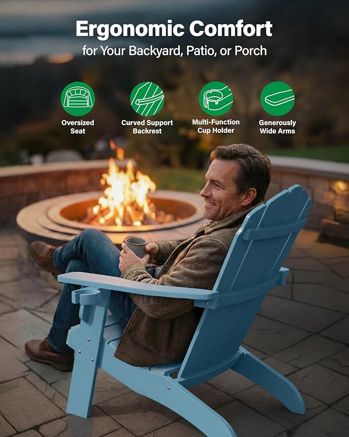 YEFU Oversized Plastic Adirondack Chair Set of 4 with Cup-Holder, Weather Resistant, Poly Lumber Outdoor Chairs Duty Rating Widely Used in Patio, Lawn, Outside, Deck, Garden Chair-Blue