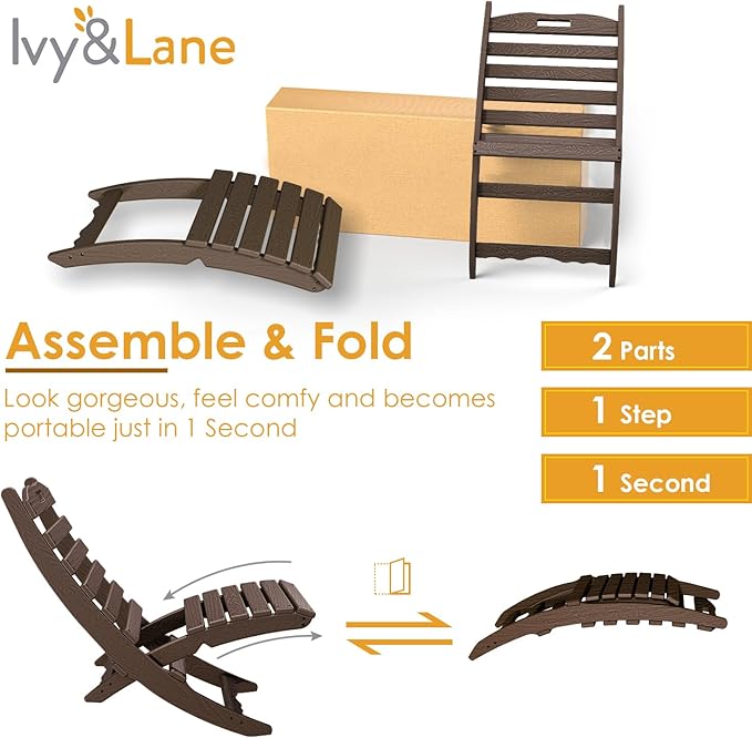 IVY&LANE Portable Xavier-Chairs Set of 2 | Folding-Adirondack-Chair | Wave | HDPE Plastic | Wood Grain | Dark Brown | All-Weather Resistant | for Outdoor Fire-Pit Patio Lawn Beach Poolside