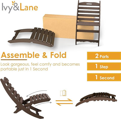 IVY&LANE Portable Xavier-Chairs Set of 2 | Folding-Adirondack-Chair | Wave | HDPE Plastic | Wood Grain | Dark Brown | All-Weather Resistant | for Outdoor Fire-Pit Patio Lawn Beach Poolside