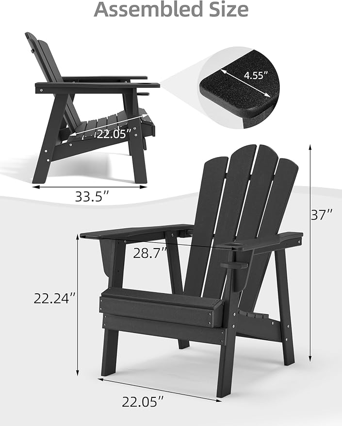 Adirondack Chair - Durable HDPE Poly Lumber All-Weather Resistant, Oversized Balcony Porch Patio Outdoor Chair for Lawn, Backyard, Deck, Garden, Camping - Easy Installation, Black