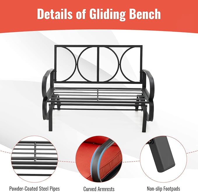 Tangkula 2-Person Outdoor Glider Bench, Swing Seat Bench with Seat & Back Cushions, Sturdy Rustproof Steel Frame - Photo 8