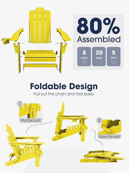 KINGYES Adjustable Folding Adirondack Chair Set of 2, 3-Position Reclining Adirondack Chairs with Cup Holder, HDPE All-Weather Oversized Adirondack for Outdoor, Patio, Backyard Deck, Fire Pit, Yellow