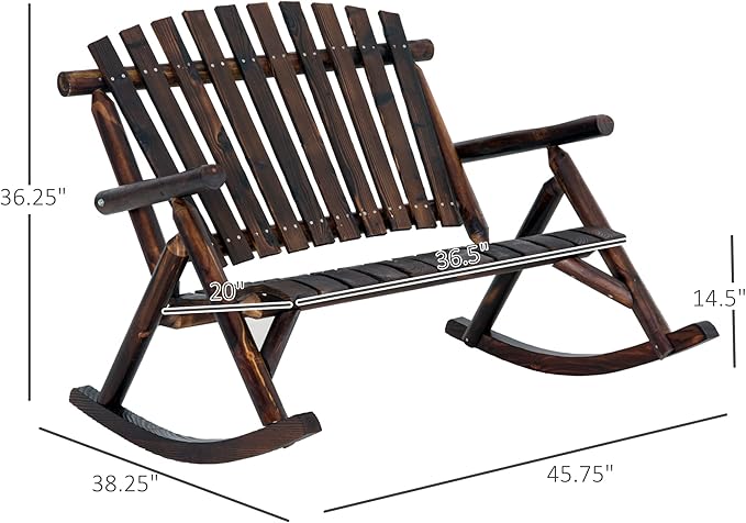 Outsunny Outdoor Wooden Rocking Chair, Double-Person Rustic Adirondack Rocker with Slatted Seat, High Backrest, Armrests for Patio, Garden and Porch, Carbonized