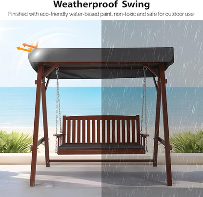 VINGLI Porch Swing with Stand, Wooden Swing & Stand with Canopy, Hanging Swing Chair with Stand for Garden, Patio and Yard (Brown)