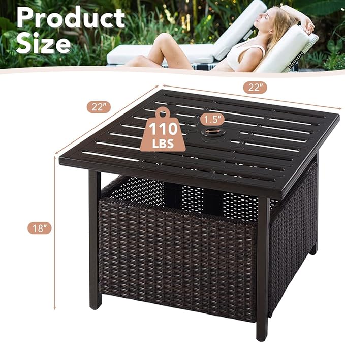 Nightcore Rattan Umbrella Side Table, Bistro Wicker Table with Storage Slot, Patio Umbrella Side Table Stand with 1.57" Umbrella Hole, Outdoor Leisure Coffee Table for Garden, Poolside, Deck