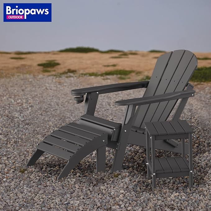BRIOPAWS Adirondack Ottomans | Folding | Set of 2 | HDPE Plastic | Grey Outdoor Foot Rest | All Weather | Patio Footrest for Adirondack Chair | Foot Stool for Deck Porch | 19.7W x 18.5L x 13H Inch