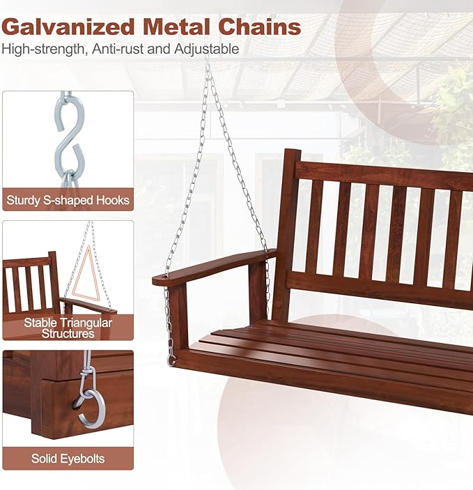 Tangkula 2 Person Wooden Porch Swing, Hanging Patio Swing with 2 Adjustable Galvanized Metal Chains, Slatted Back & Seat - Photo 4