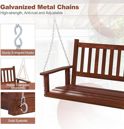 Tangkula 3 Person Wooden Porch Swing, Hanging Patio Swing with 2 Adjustable Galvanized Metal Chains, Slatted Back & Seat, Outdoor Swing Bench for Backyard Deck Garden, 5FT