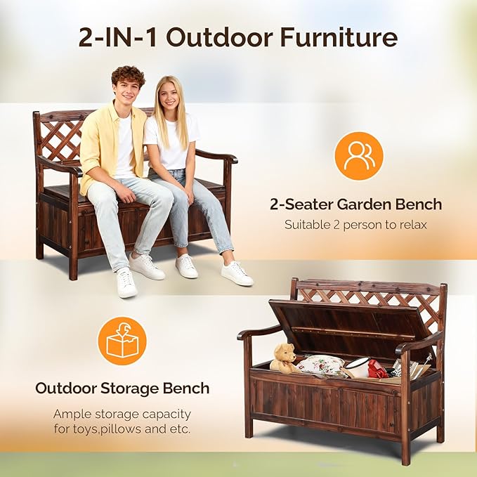 VINGLI Outdoor Storage Bench, Large Wood Deck Box with Seating, Weatherproof Outdoor Bench with Storage Loveseat - Photo 7
