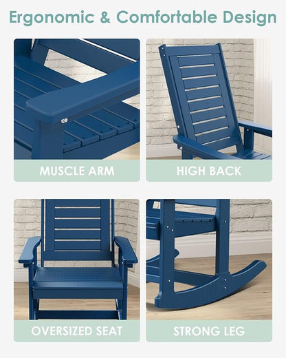 IVY&LANE Outdoor Rocking Chairs Set of 4 | Porch-Rockers | Blue | HDPE Plastic | All-Weather | High Back | Wide Seat | Oversized Patio Rocker for Adult | for Outside Deck Balcony Garden