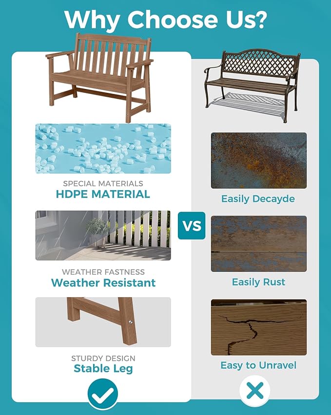Outdoor Bench, 2-Person HDPE Garden Bench, All Weather Poly Patio Bench for Outdoors, Garden, Backyard, Porch and Park - Photo 5