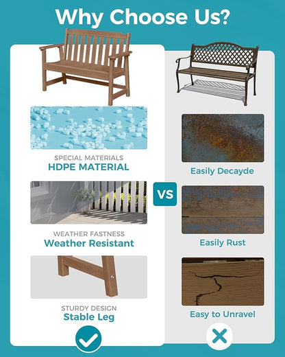 Outdoor Bench, 2-Person HDPE Garden Bench, All Weather Poly Patio Bench for Outdoors, Garden, Backyard, Porch and Park, 660 lbs Weight Capacity, Teak, 2 Pack