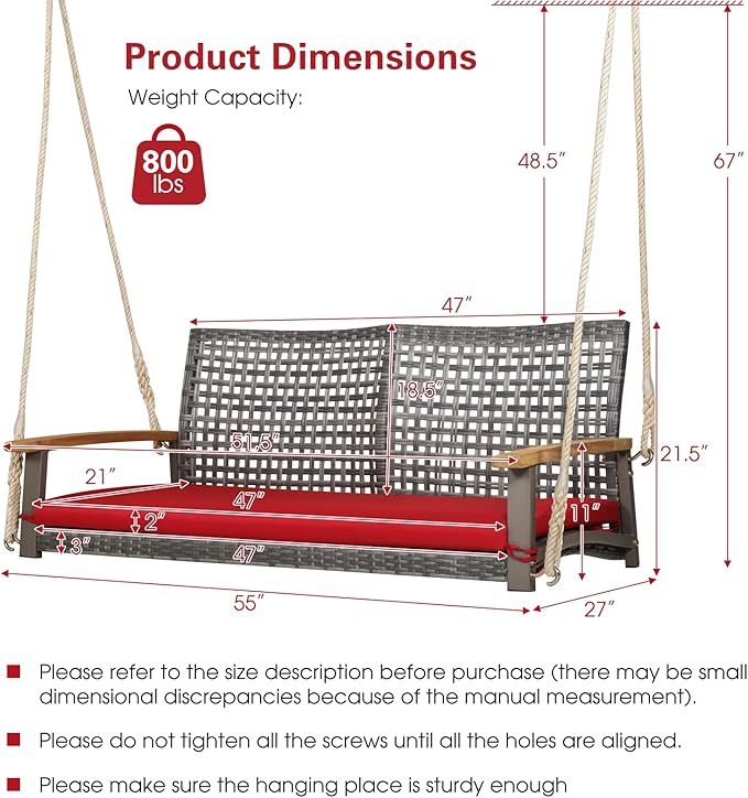 Tangkula 2-Person Outdoor Porch Swing with 118" Hanging Ropes, Patiojoy PE Wicker Patio Hanging Swing Bench with Soft Seat Cushion & 800 Lbs Weight Capacity, Suitable for Patio, Garden (Red)