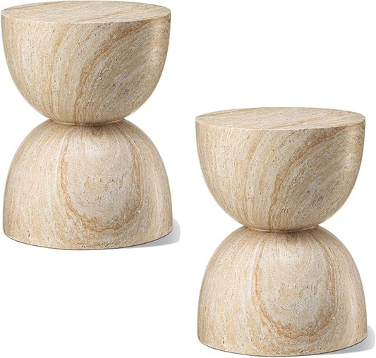 Glitzhome Outdoor Side Table Set of 2, 17.75" H Decorative Garden Stool MGO Hourglass Faux Terrazzo End Table, Round Planter Stand for Indoor Outdoor Living Room Bedroom Patio Deck Poolside