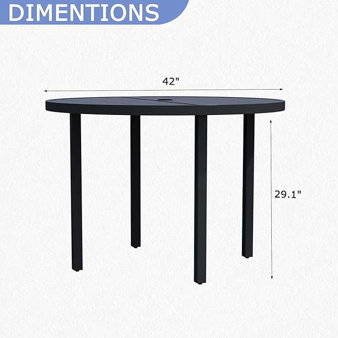 42" Round Patio Dining Table for 4, All-Weather Metal Patio Table with Umbrella Hole, Outdoor Round Dining Table for Lawn Garden Porch, Black