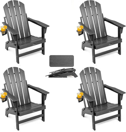 FUNBERRY Folding Adirondack Chairs Set of 4, HDPE Stable Gun-Leg Design Fire Pit Chairs with Cupholder All Weather for Outside