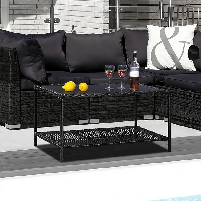 SUNNYPARK Outdoor Rattan Coffee Table 36’’ All-Weather Wicker Patio Side Tables with Glass Top and Storage Shelf - Photo 6