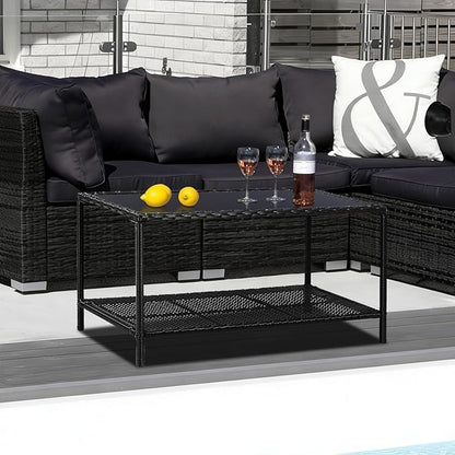 SUNNYPARK Outdoor Rattan Coffee Table 36’’ All-Weather Wicker Patio Side Tables with Glass Top and Storage Shelf Furniture for Living Room Balcony Backyard Poolside