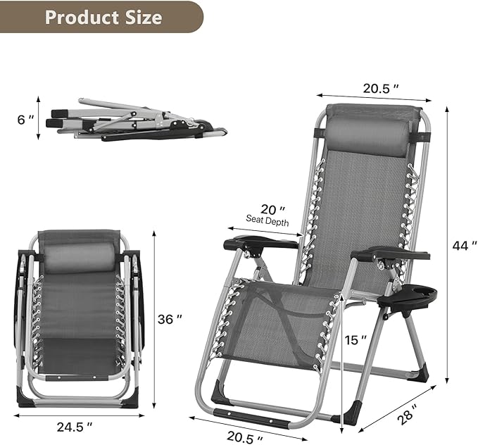Zero Gravity Chair, Portable Folding Reclining Lounge Chairs with Adjustable Cushion and Cup Holder Trays for Outdoor - Photo 3
