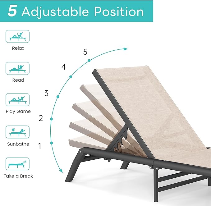 Outdoor Chaise Lounge Chairs Set of 2, No Assembly Required, 5-Position Adjustable Backrest, Foldable Lightweight Patio Lounge for Poolside, Deck, Lawn & Beach, Khaki