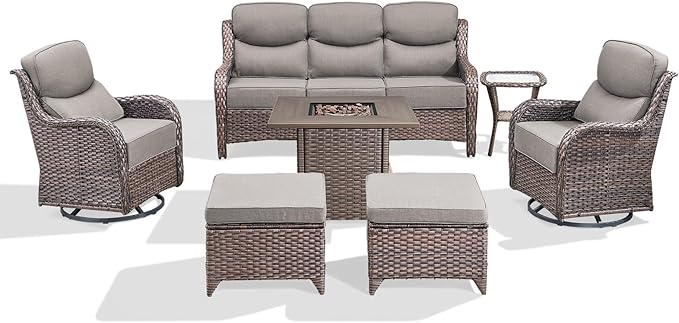 Luxury Patio Furniture Set with 6-inch Thick Cushion, Outdoor Furniture with Fire Pit Table, Swivel Chairs, Sofa - Photo 5