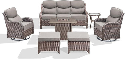 Luxury Patio Furniture Set with 6-inch Thick Cushion, Outdoor Furniture with Fire Pit Table, Swivel Chairs, Sofa, Side Table, Ottomans, 7pcs Wicker Conversation Set for Deck Yard and Poolside(Grey)